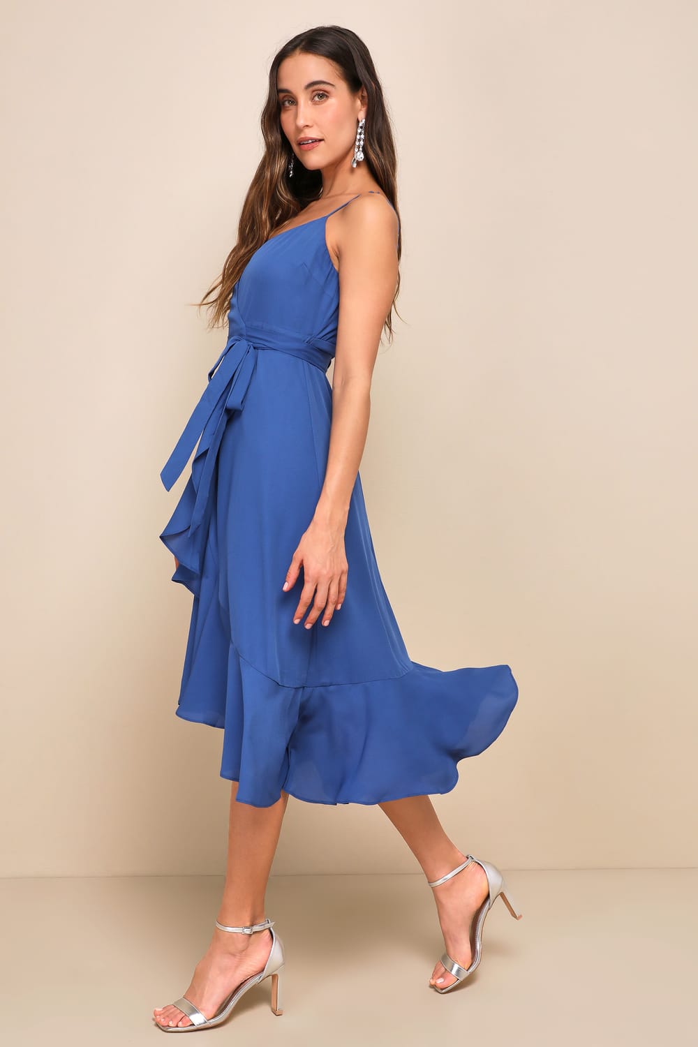 Manhattan Moment Blue Ruffled Midi Wrap Dress