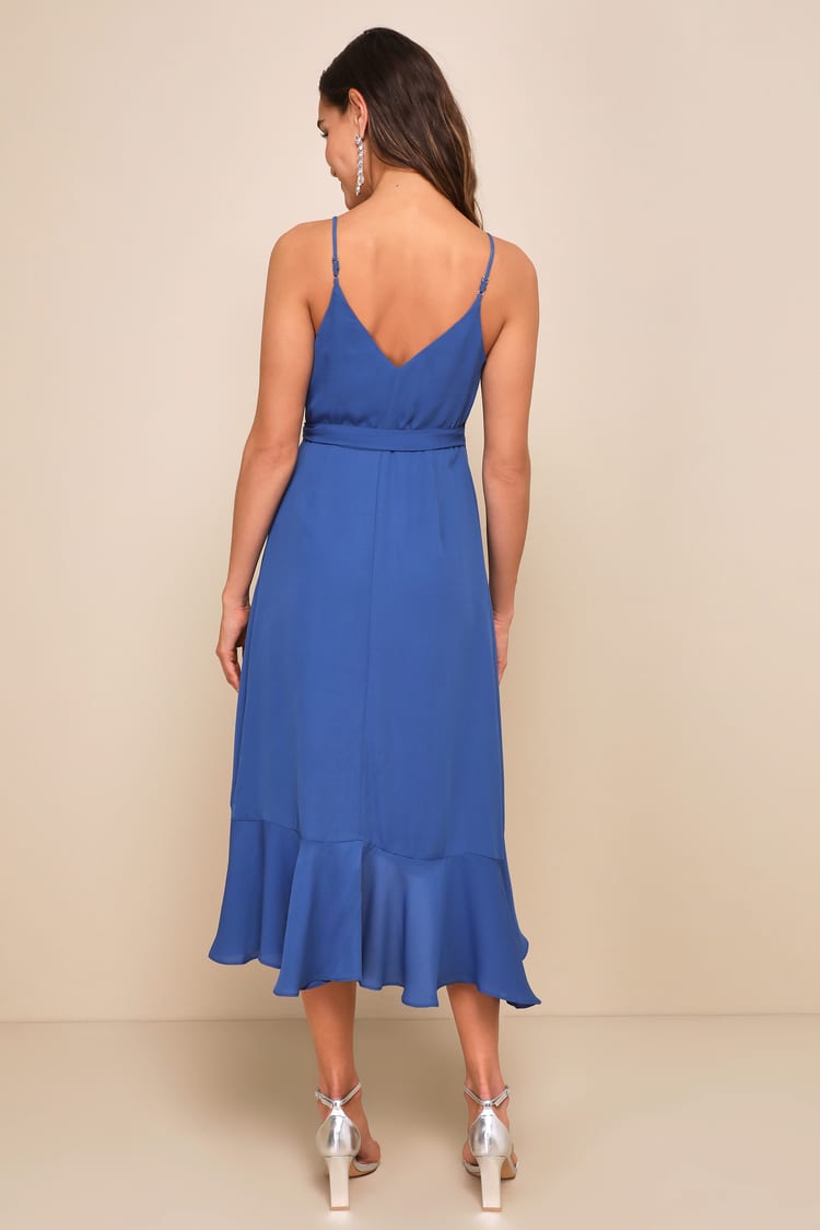 Manhattan Moment Blue Ruffled Midi Wrap Dress