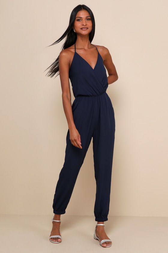 Cute Navy Blue Jumpsuit - Surplice Jumpsuit - Halter Jumpsuit - Lulus