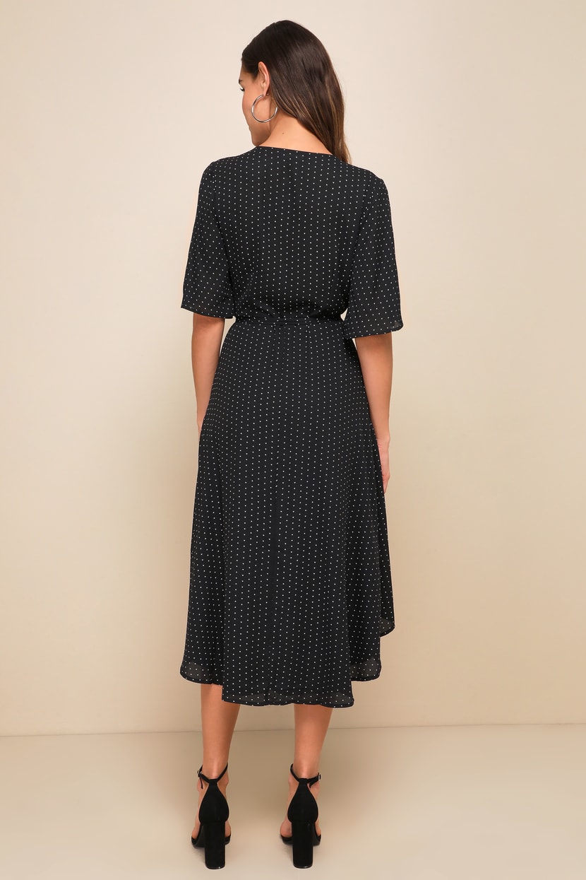 knee length dresses for ladies Lulus Pink Short Sleeve Swiss Dot Ruffle Tiered Faux Wrap A Line Midi  Brie