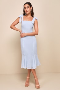 Bimini Periwinkle Blue Swiss Dot Tie-Strap Midi Dress