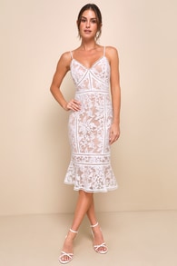 Alluring Love White and Beige Lace Trumpet Hem Midi Dress 1