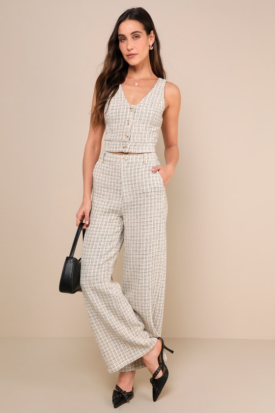 Shop Lulus Posh Perception Ivory And Black Plaid Tweed Wide Leg Pants