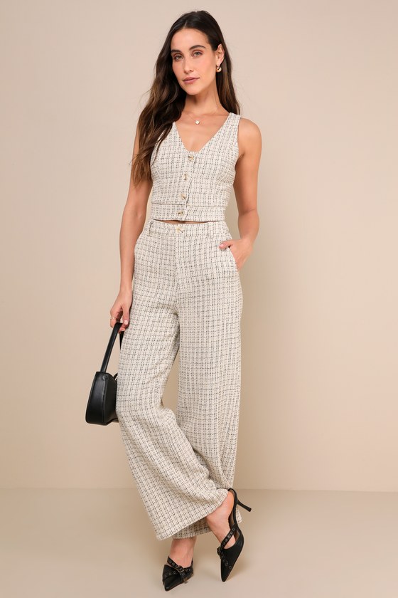 Posh Perception Ivory and Black Plaid Tweed Wide Leg Pants 2