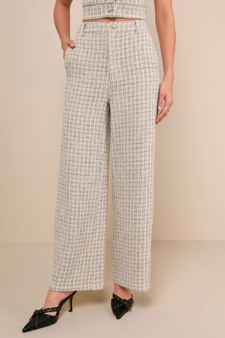 Posh Perception Ivory and Black Plaid Tweed Wide Leg Pants