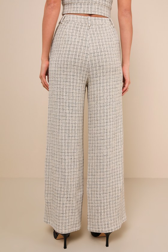 Shop Lulus Posh Perception Ivory And Black Plaid Tweed Wide Leg Pants