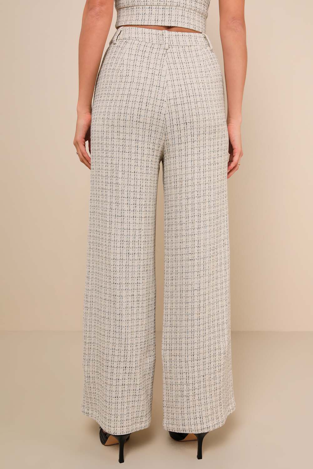 Posh Perception Ivory and Black Plaid Tweed Wide Leg Pants