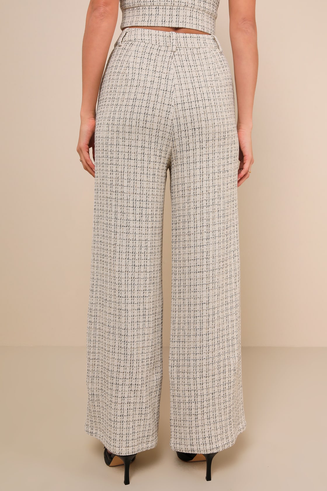 Posh Perception Ivory and Black Plaid Tweed Wide Leg Pants