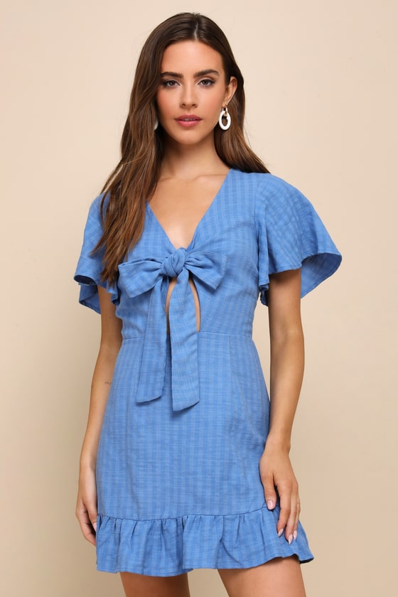 Adorable Sensibility Blue Cutout Tie-Front Ruffled Mini Dress 1