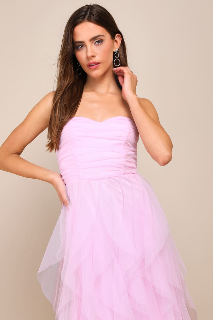 Delightful Beauty Pink Mesh Strapless Ruched Ruffled Maxi Dress
