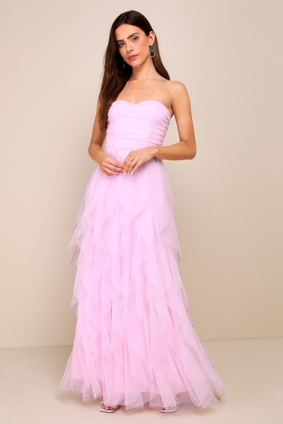 Delightful Beauty Pink Mesh Strapless Ruched Ruffled Maxi Dress