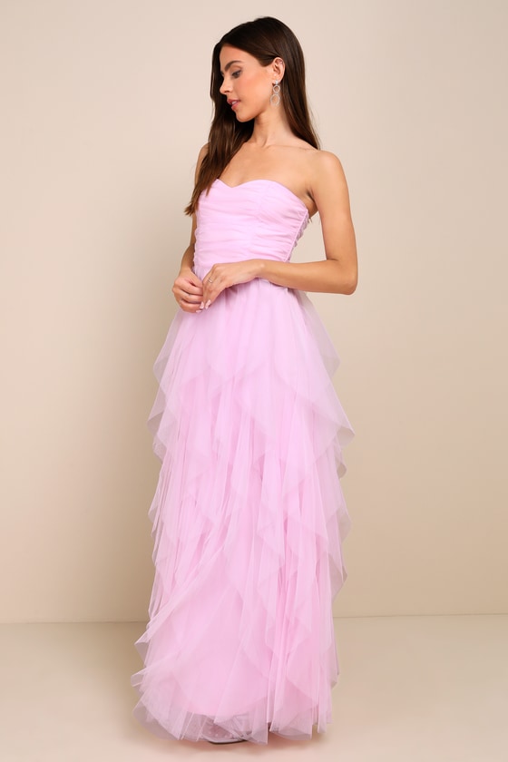 Lulus Delightful Beauty Pink Mesh Strapless Ruched Ruffled Maxi Dress In Pink