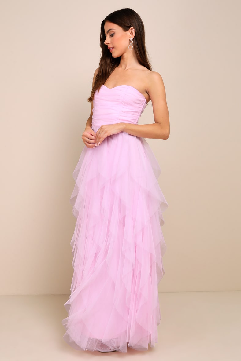 Delightful Beauty Pink Mesh Strapless Ruched Ruffled Maxi Dress