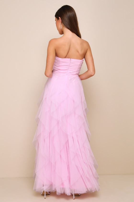 Delightful Beauty Pink Mesh Strapless Ruched Ruffled Maxi Dress - thumbnail 4