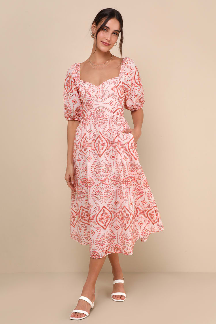 Orange Embroidered Dress - Eyelet Midi Dress - Dress With Pockets - Lulus Orange Embroidered Dress - Eyelet Midi Dress - Dress With Pockets - Lulus