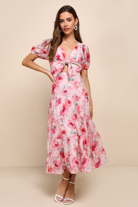 Darling Event Pink Floral Print Tiered Tie-Front Midi Dress