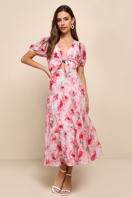 Pink Floral Print Dress - Tiered Tie-Front Dress - Midi Dress - Lulus