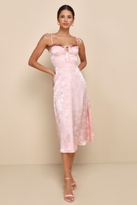 Ethereal Muse Light Pink Satin Jacquard Embroidered Midi Dress 1