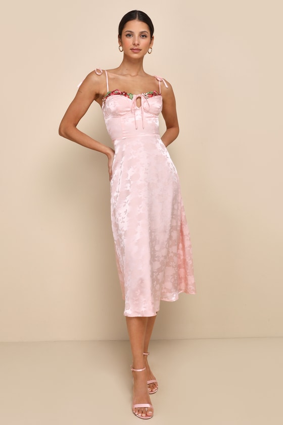 Light Pink Satin Dress Embroidered Dress TieStrap Midi Dress Lulus