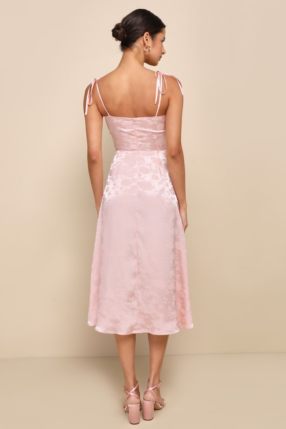 Lulus Ethereal Muse Light Pink Satin Jacquard Embroidered Midi Dress In Light Pink