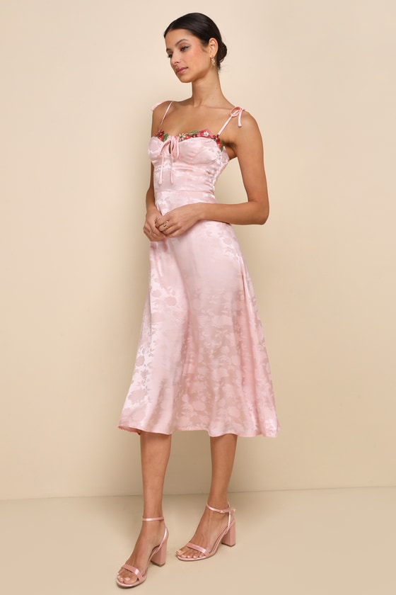 Lulus Ethereal Muse Light Pink Satin Jacquard Embroidered Midi Dress In Light Pink