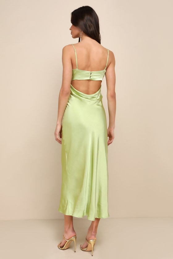 Flawless Finesse Light Green Satin Cowl Neck Backless Midi Dress 3