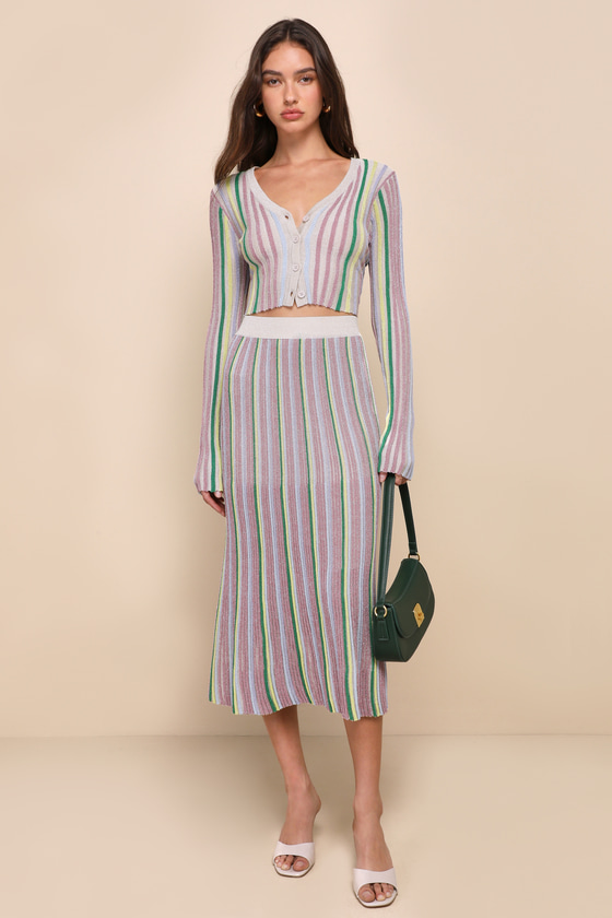 Eye-Catching Trend Taupe Multi Striped Ribbed Cardigan Top 3
