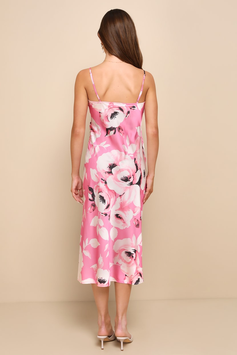 Pink Floral Dress - Satin Ruched Dress - Sleeveless Midi Dress - Lulus
