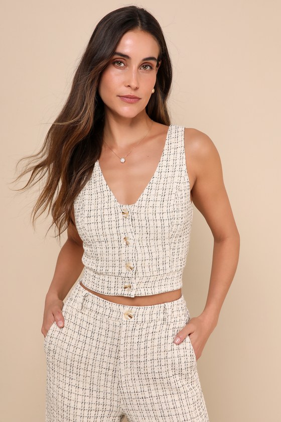 Lulus Posh Perception Ivory And Black Plaid Tweed Cropped Button Top In Black