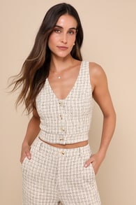 Posh Perception Ivory and Black Plaid Tweed Cropped Button Top 1