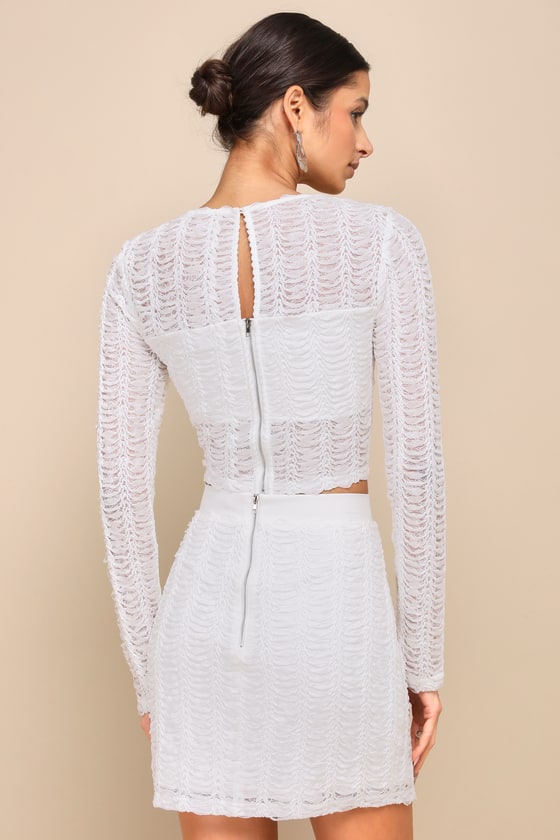 Sultry Event White Sheer Textured Applique Two-Piece Mini Dress