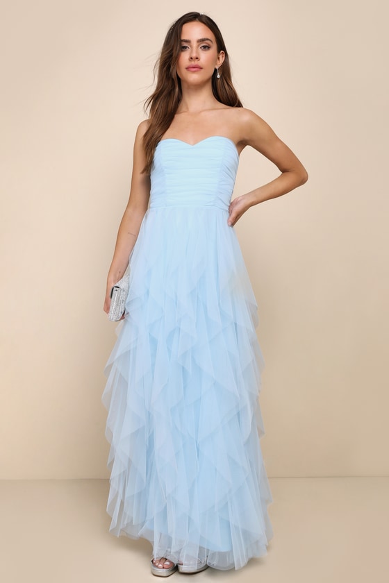 Image of Delightful Beauty Blue Mesh Strapless Ruched Ruffled Maxi Dress