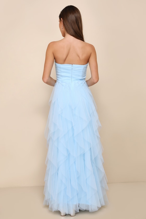 Lulus Delightful Beauty Blue Mesh Strapless Ruched Ruffled Maxi Dress In Blue