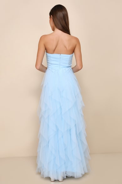 open lace back dress Light Blue Long A-Line Prom Dress with Flowers Sky Blue / Small main image 1