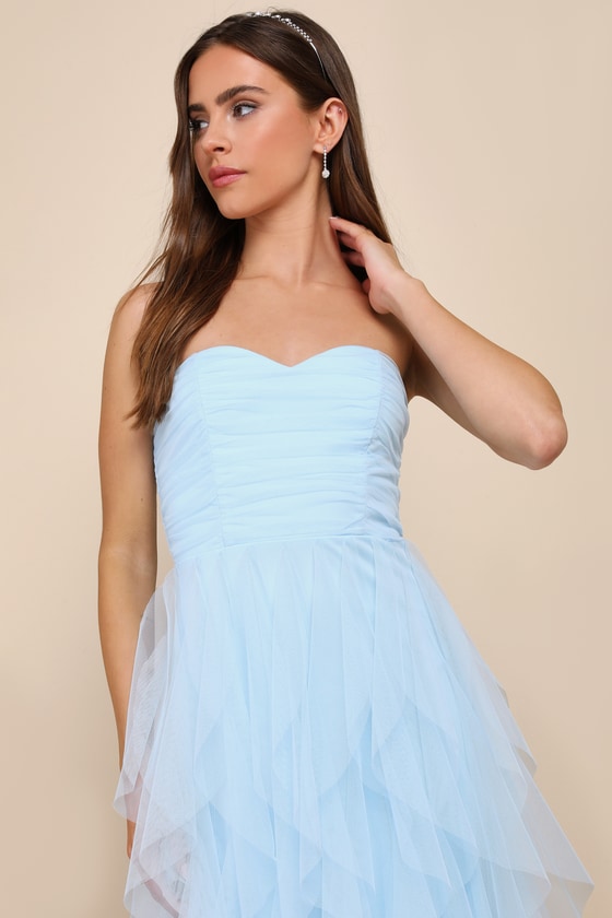 Lulus Delightful Beauty Blue Mesh Strapless Ruched Ruffled Maxi Dress In Blue