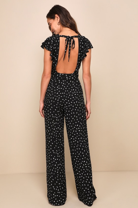Fine Print Black and White Print Backless Jumpsuit 8