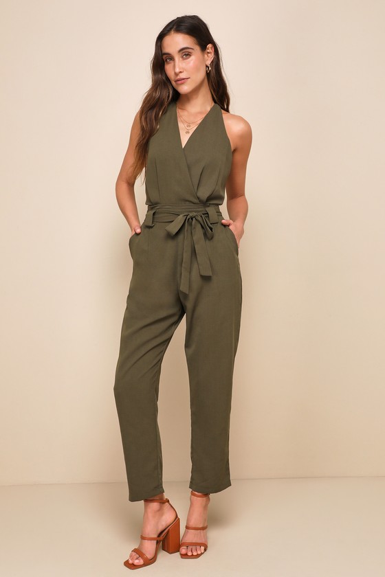 In the City Olive Green Surplice Sleeveless Jumpsuit 6