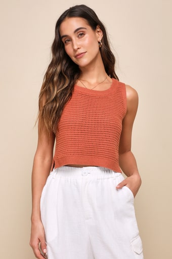 Get the Look Rust Orange Loose Knit Sweater Tank Top 11