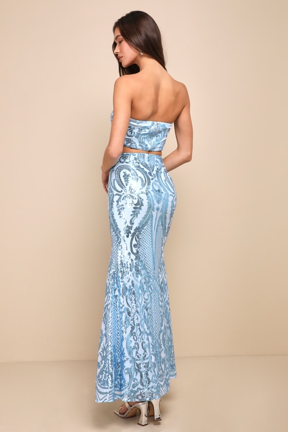 LULUS FLASHY FASCINATION LIGHT BLUE SEQUIN TWO-PIECE MAXI DRESS 