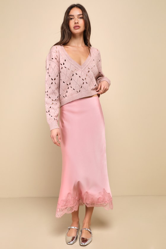 Shop Lulus Blissful Nature Blush Pink Satin Lace High-rise Midi Skirt
