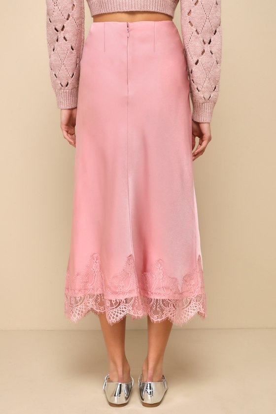 Shop Lulus Blissful Nature Blush Pink Satin Lace High-rise Midi Skirt