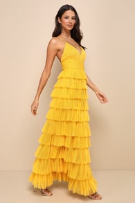 Radiant Event Yellow Mesh Tiered Ruffled Backless Maxi Dress