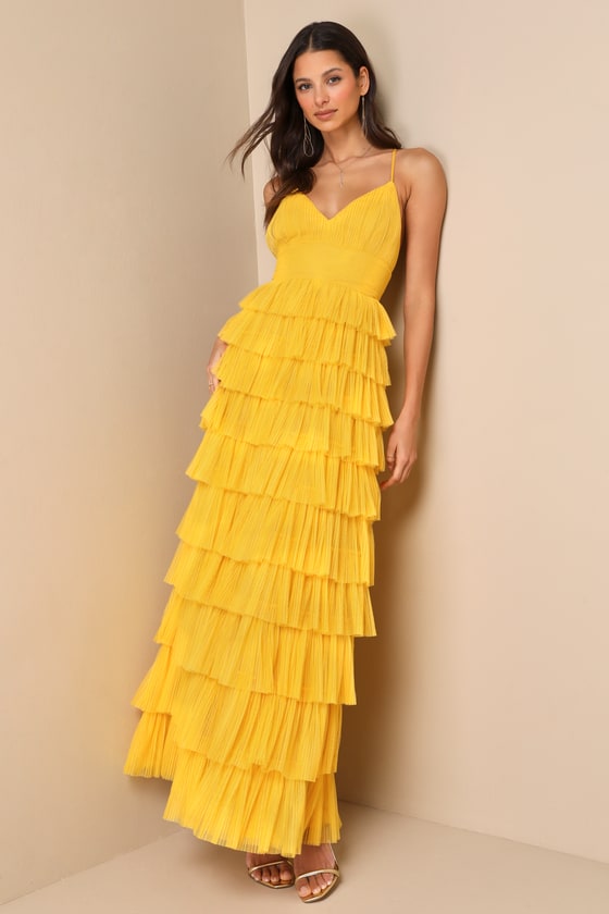 LULUS RADIANT EVENT YELLOW MESH TIERED RUFFLED BACKLESS MAXI DRESS