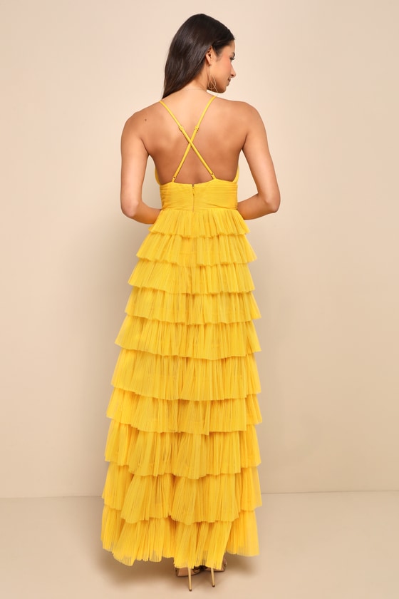 LULUS RADIANT EVENT YELLOW MESH TIERED RUFFLED BACKLESS MAXI DRESS