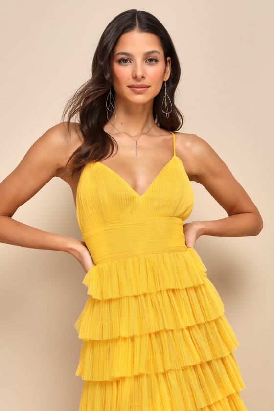 LULUS RADIANT EVENT YELLOW MESH TIERED RUFFLED BACKLESS MAXI DRESS