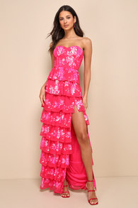 Definite Glamour Hot Pink Sequin Strapless Bustier Maxi Dress