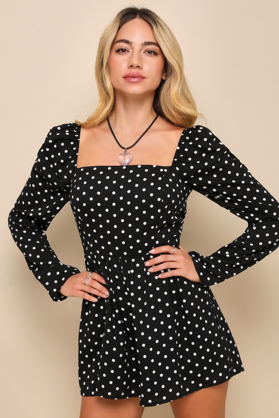 Shop Lulus Charmed And Classy Black Polka Dot Long Sleeve Romper