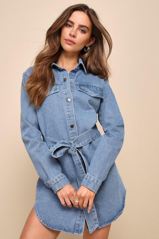 Medium Wash Denim Dress - Long Sleeve Mini Dress - Denim Dress - Lulus