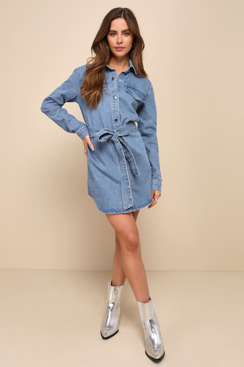 Major Impression Medium Wash Denim Long Sleeve Mini Dress