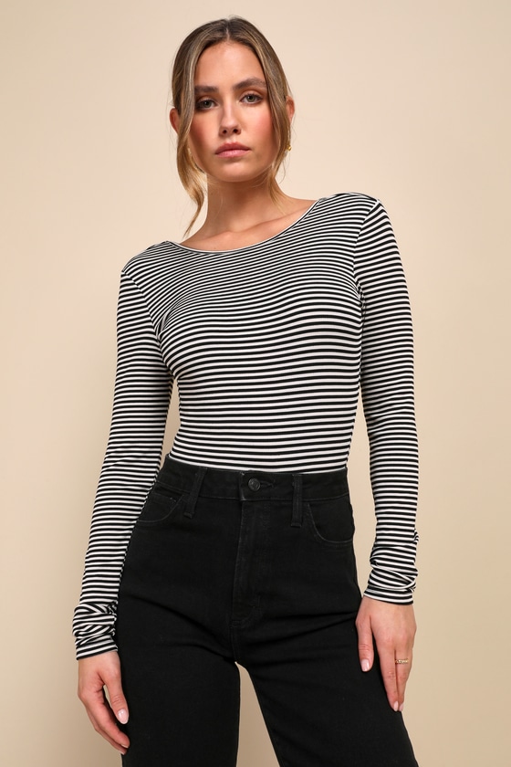 Favorable Cutie Black and White Striped Backless Bodysuit 2